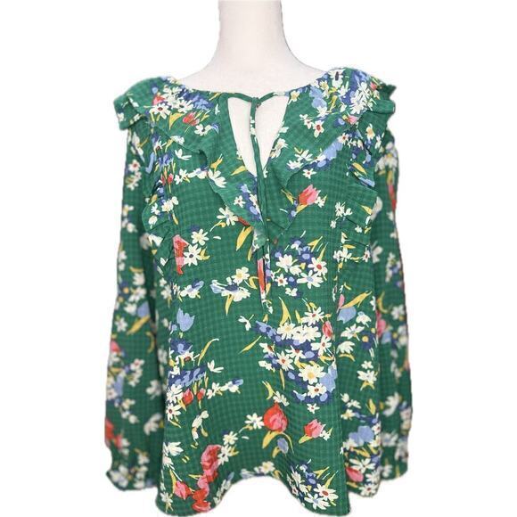 LOFT Top Green Floral Ruffle Bouquet Tie‎ Neck Blouse Gingham size XXLP Petite - Picture 1 of 8